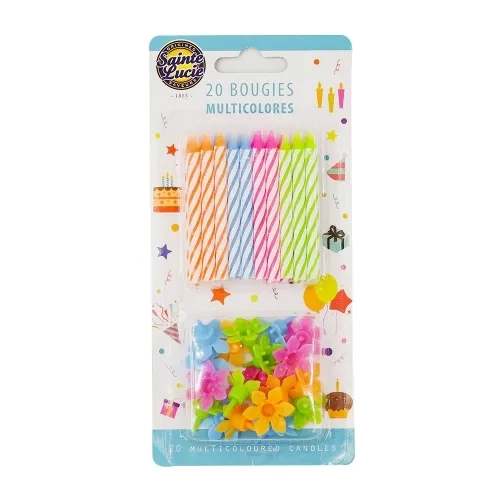 20 bougies et bobèches multicolores paquet