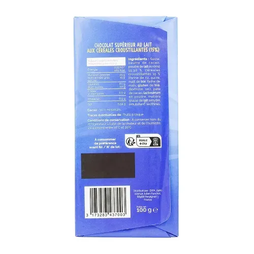TABLETTE LAIT CEREALES CROUSTILLANTES 100G