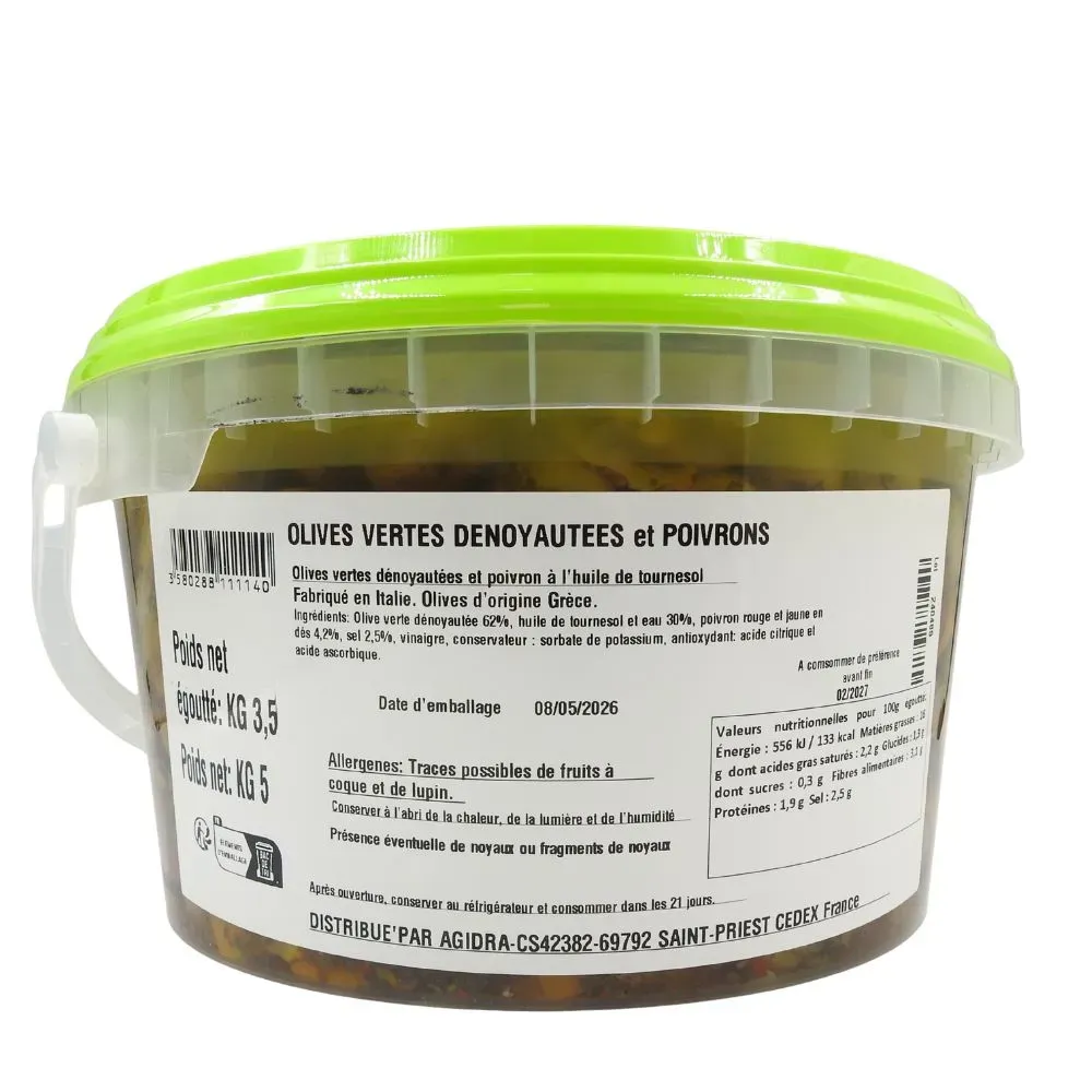 OLIVES VERTES DENOYAUTEES & POIVRONS SEAU 5KG IT