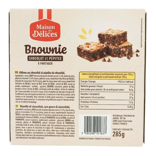 BROWNIE PEPITES CHOCOLAT 285 Gr Maison des Délices