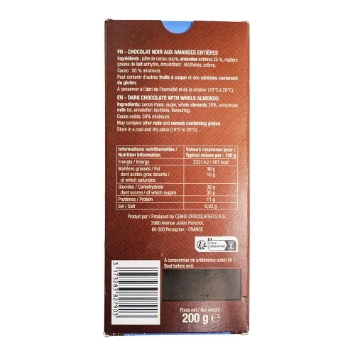 TABLETTE CHOC NOIR AMANDE 200G