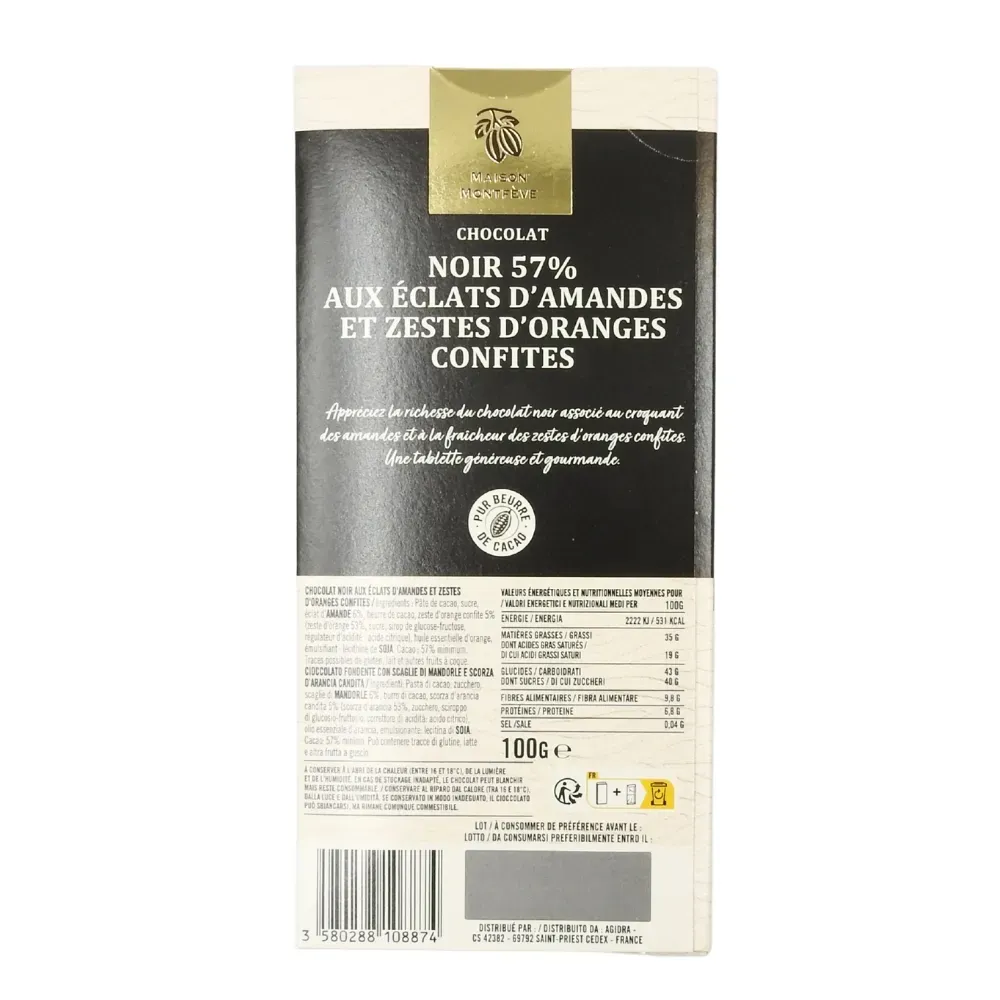 TABLETTE 100G CHOC NOIR 57% AMANDE ORANGE