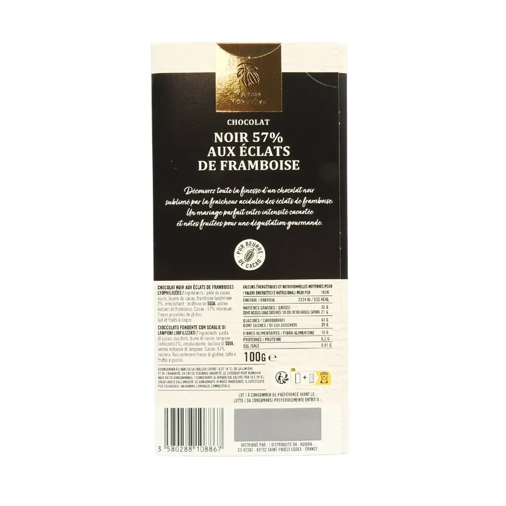 TABLETTE 100G CHOC NOIR 57% FRAMBOISE