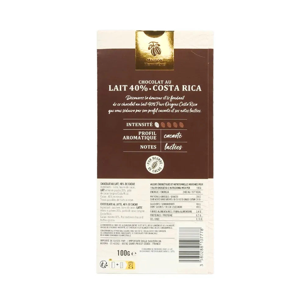 CHOCOLAT LAIT COSTA RICA 40% 100G