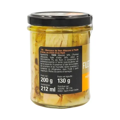 FILETS DE THON HUILE D'OLIVE CITRON ET THYM 130G