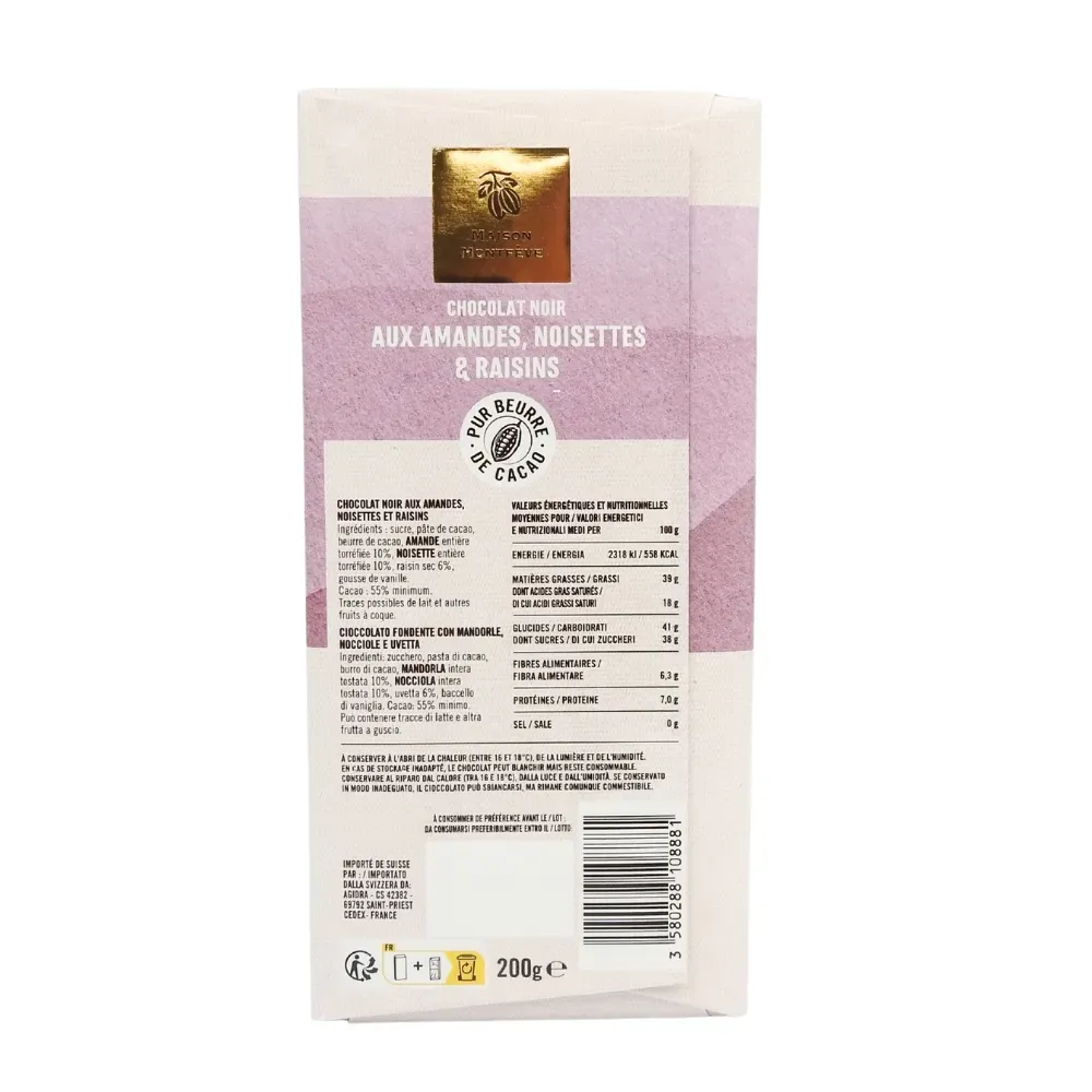 TAB CHOC NOIR AMANDES NOISETTES RAISINS 200G